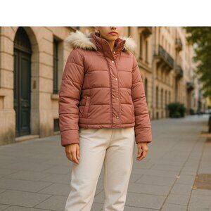 G By Guess Womens Pink Puffer Jacket With Faux Fur Hood - Size S/P